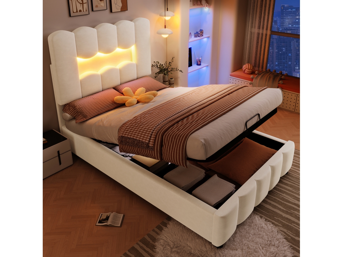 Cama Poltrona 90x200cm Led Hidráulica Cabeça Ajustável Veludo Bege