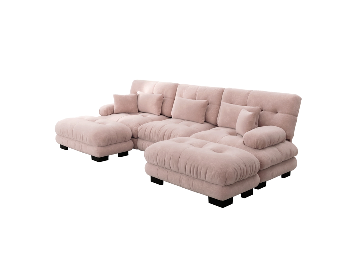 Sofá modular luxuoso em formato de U - Sofá-cama grande com pufe em chenille rosa para sala de estar com assento.