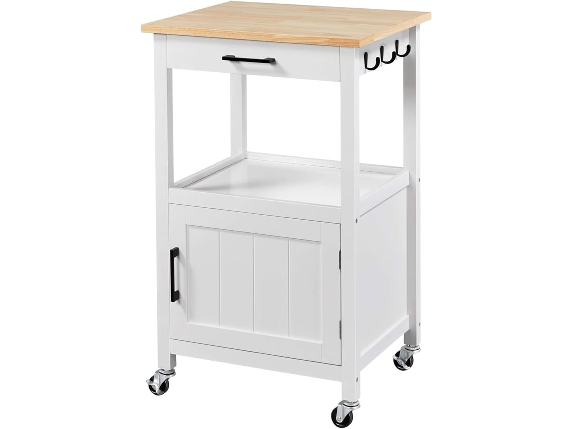 Yaheetech Carrinho De Serviço Branco 55x45x89cm Com Rodas E Gaveta Em Madeira De Pinho E Mdf