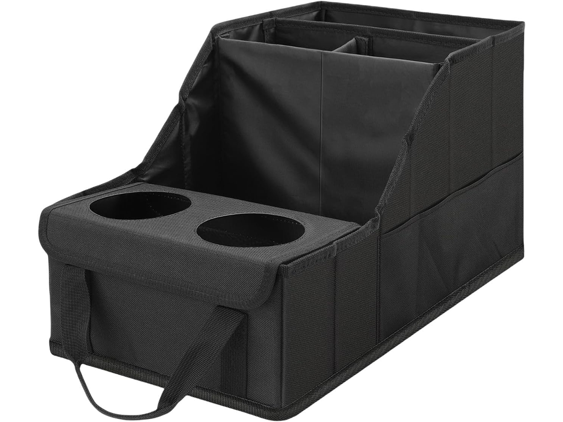 Organizadores de viagem para carros familiares com 2 porta-copos e 4 compartimentos espaçosos para guardar objetos.