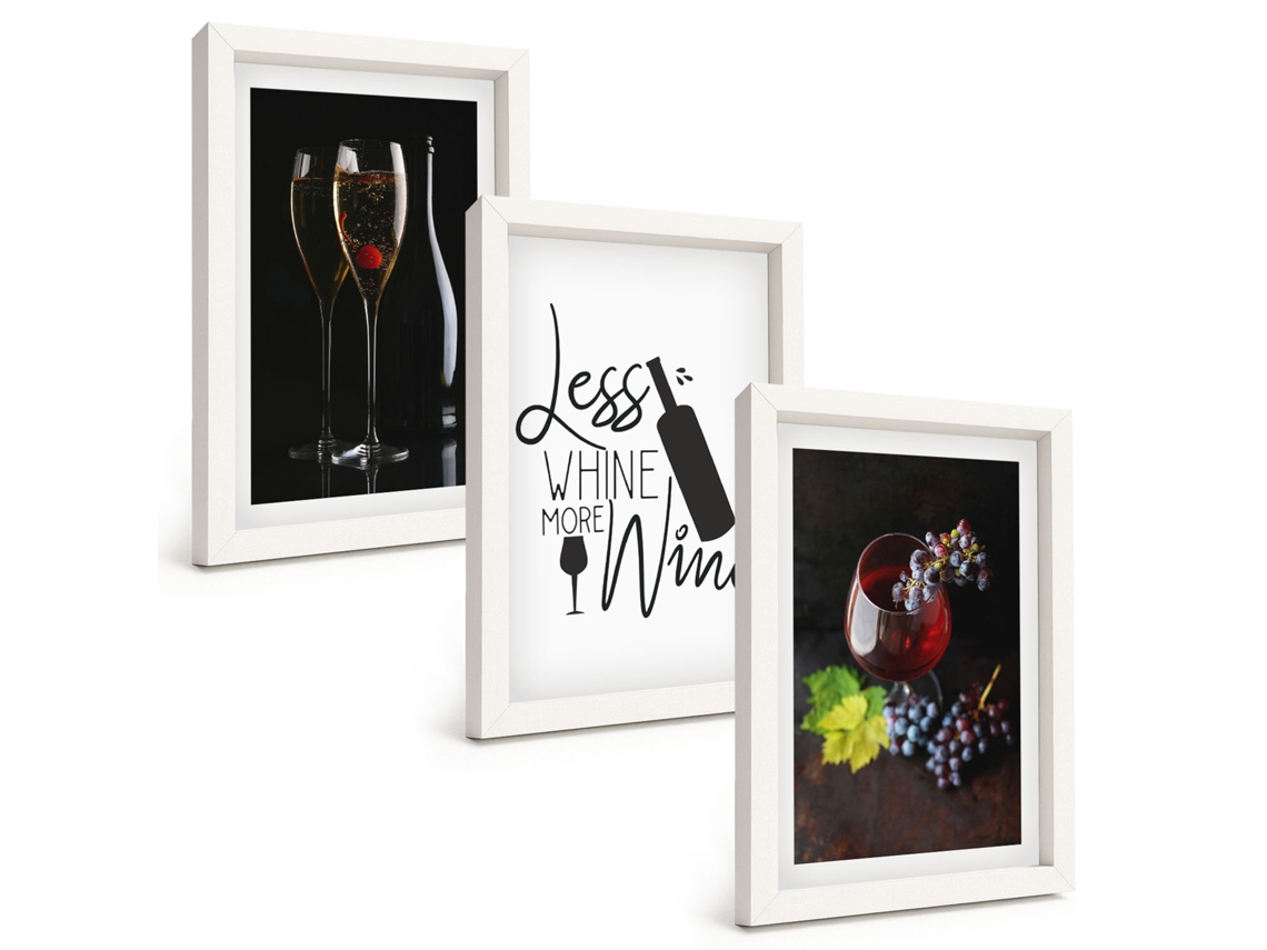 Composição De Quadros Na Parede Taças De Vinho, Uvas, Slogan Moldura Branca Imagens Para Um Quarto Infantil Espelharte (3 Peças 20x30 Cm)