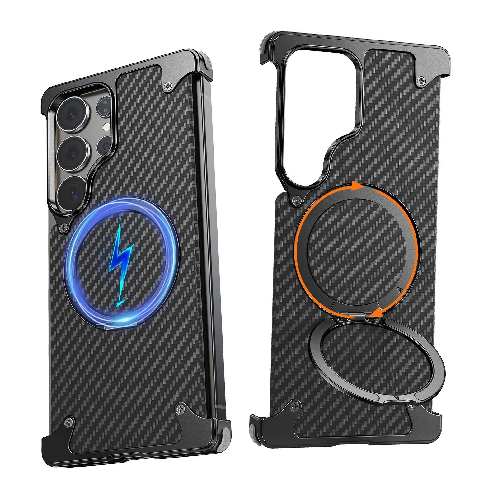 Capa Para Celular (preta S25 Ultra), Com Suporte Magnético Giratório 360° E Proteção Em Fibra De Carbono, Compatível Com Magsafe.
