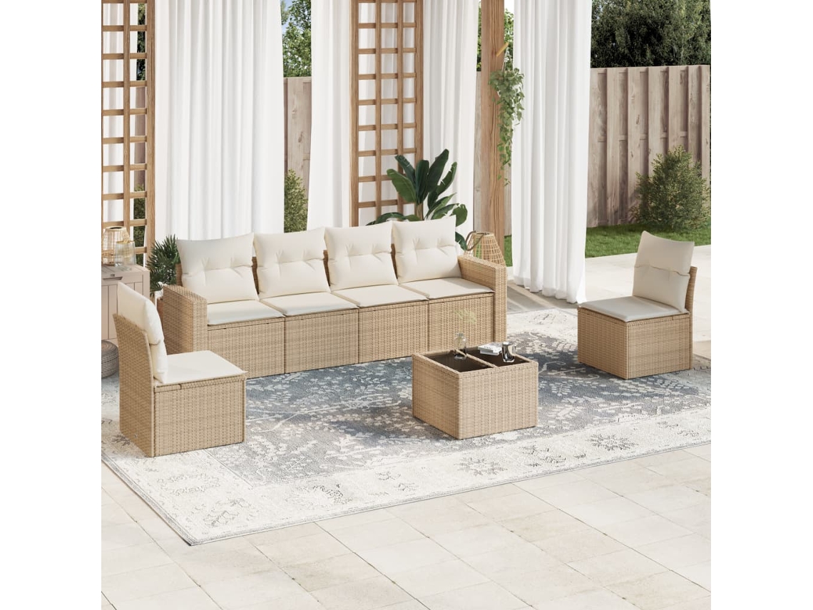 Vidaxl 7 Pcs Conjunto De Sofás P/ Jardim Com Almofadões Vime Pe Bege