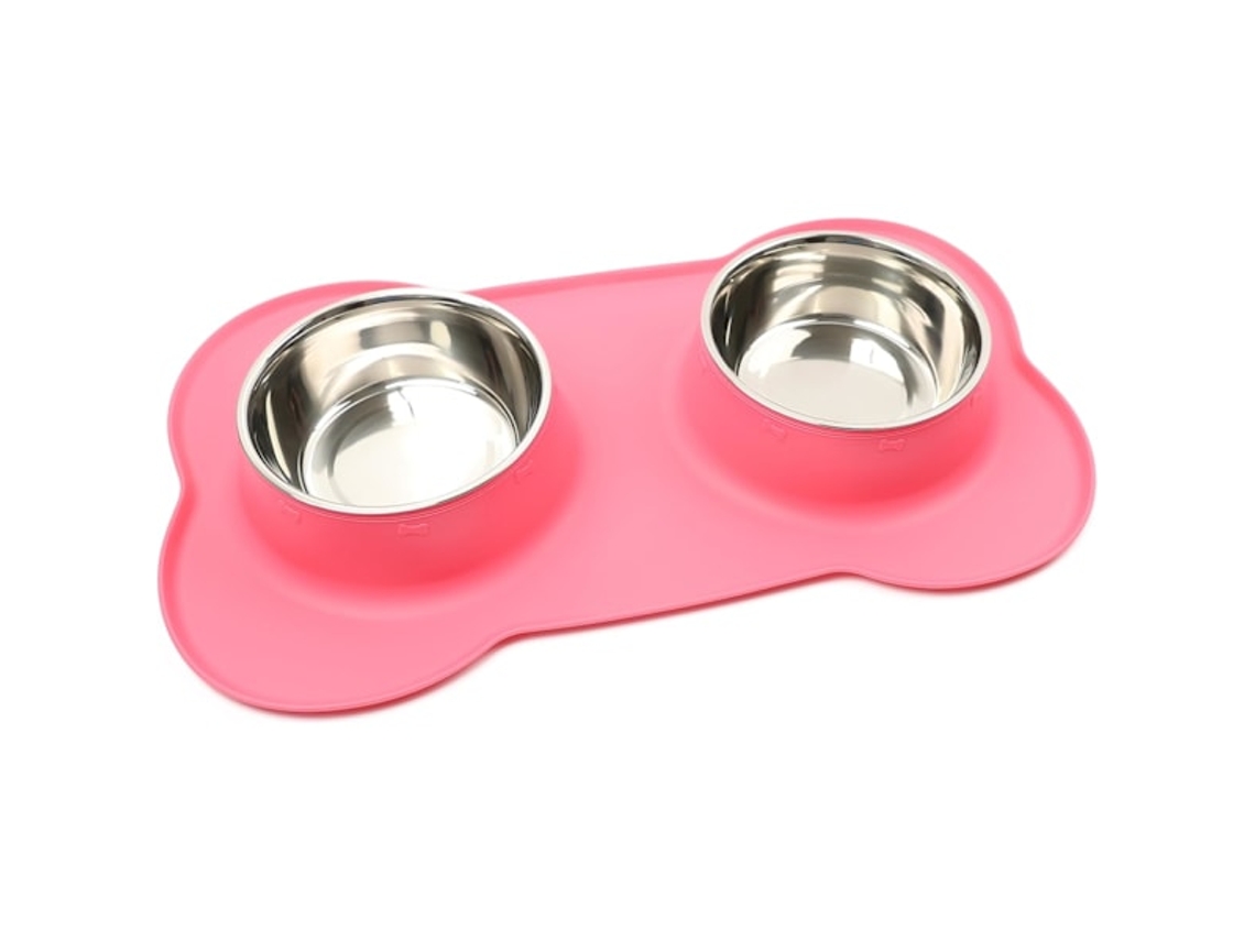 Tigela Dupla para Comida e Água com Tapete de Silicone para Gatos, Cachorros e Cães de Pequeno Porte, Rosa AQUAFORGE