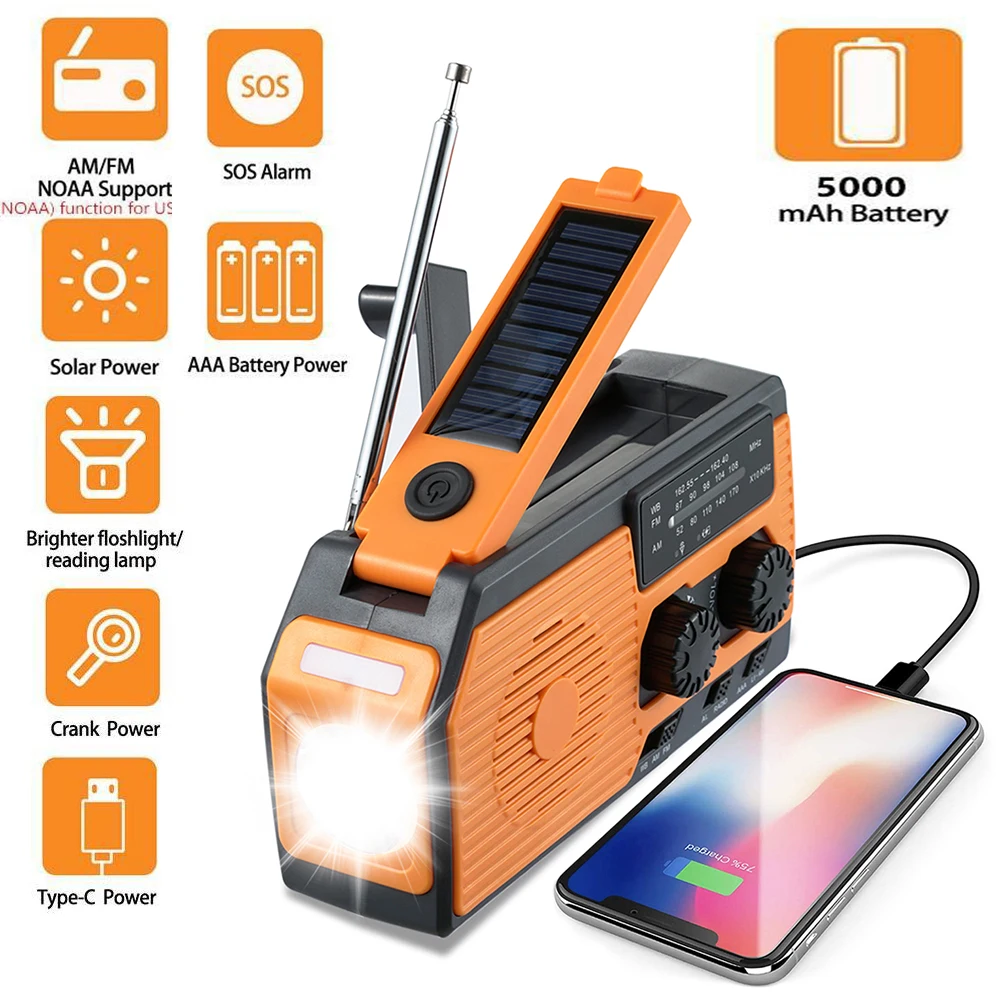 Rádio Portátil Dab/fm com Dínamo Solar de 4000mah, Emergência, Carregador Usb e Alarme AQUAFORGE