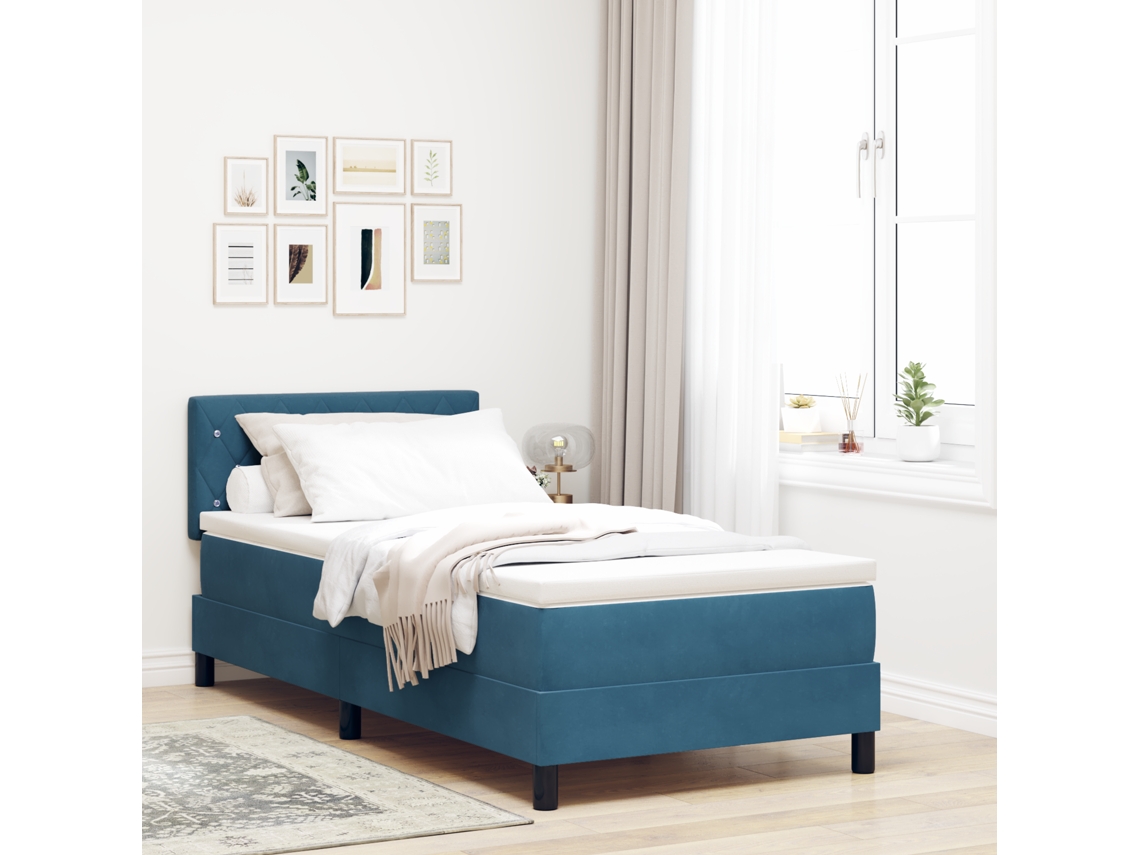 Cama Box Com Colchão E Led Azul Escuro 90x200 Cm Veludo