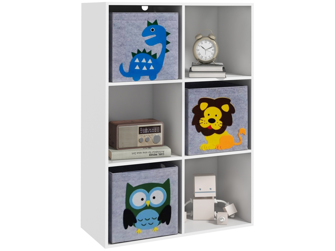 Estante para Brinquedos com 6 Compartimentos e 3 Caixas de Tecido Não Tecido e Desenho de Animais 61.8x29.9x91.5cm Branco e Cinza BTFORUS