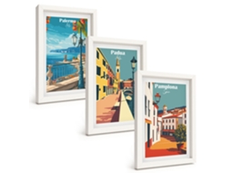 Um Conjunto De Imagens Decorativas Em Uma Moldura Ilustrações De Cidades Retrô Moldura Branca Pinturas De Quarto Espelharte (3 Peças 20x30 Cm)