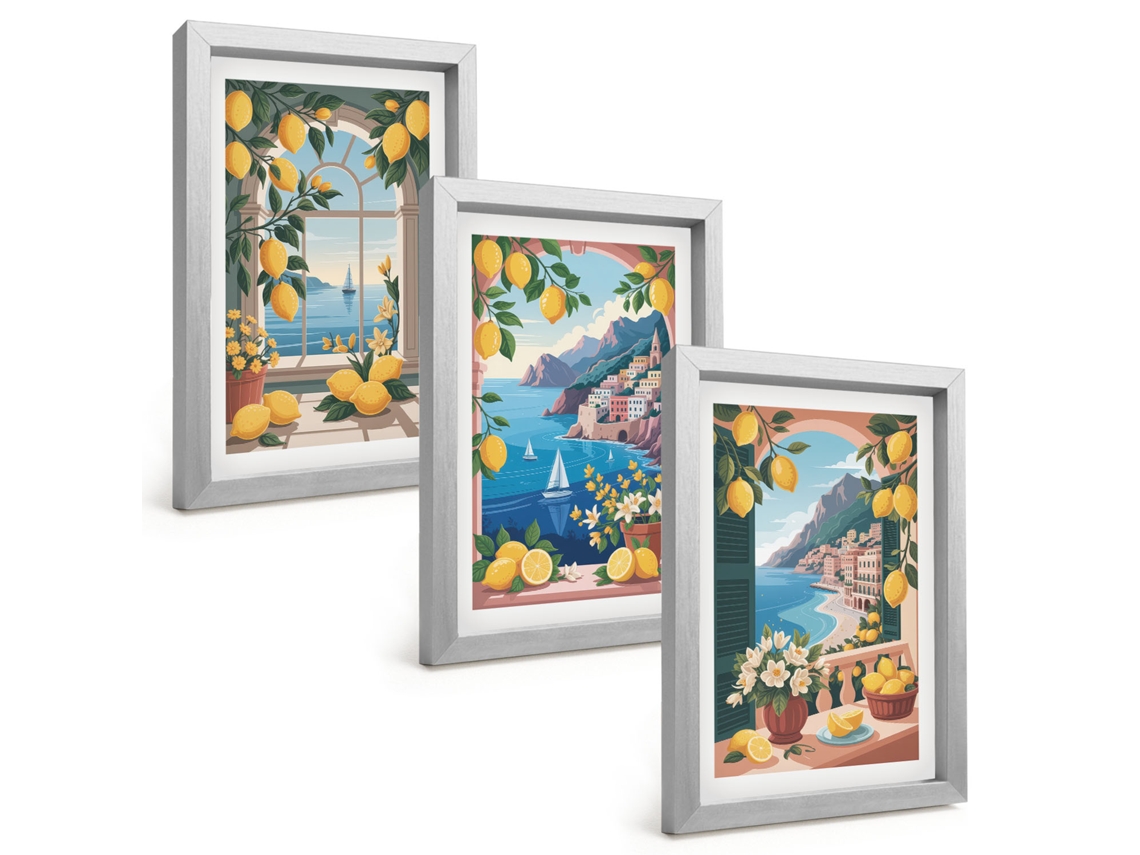 Composição De Quadrosjanela Com Vista Para O Mar, Limões Italianos Moldura Prateada Imagens Para Um Quarto Infantil Espelharte (3 Peças 20x30 Cm)