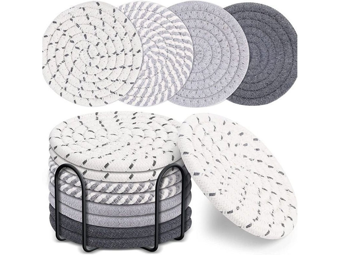 Conjunto 8 Bases De Copos Com Suporte - Absorventes Algodão - 11 Cm Cinzento
