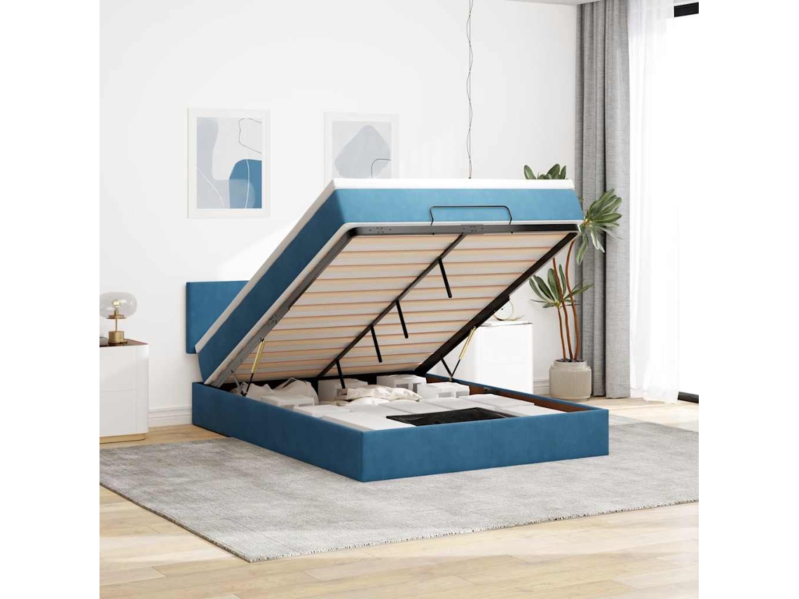 Estrutura De Cama Otomana Com Colchão 140x200 Cm Azul Escuro