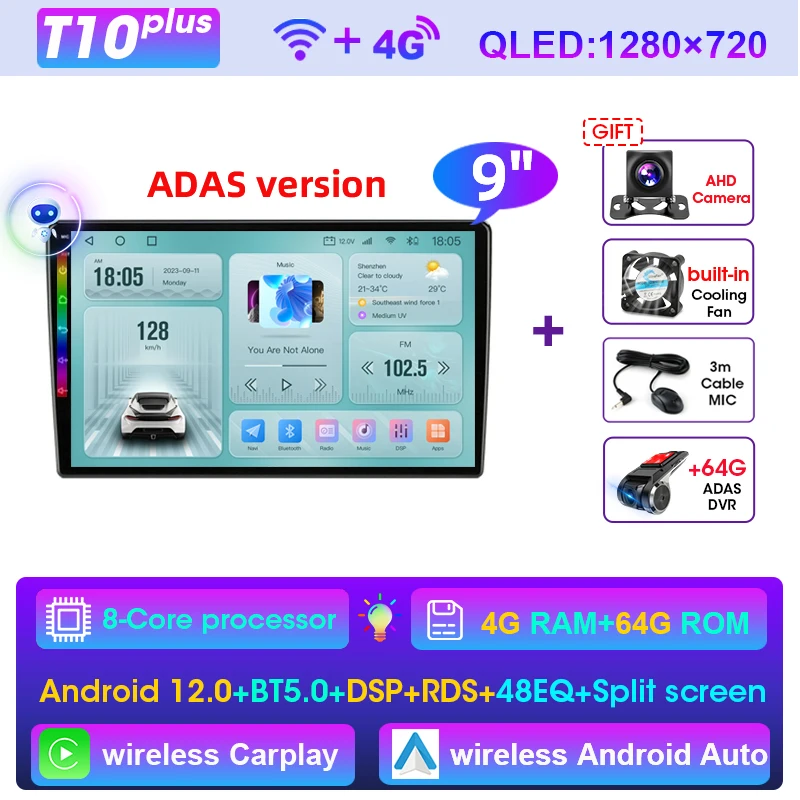 (t10 Plus Adas De 9 Polegadas) Sistema Multimídia Android 2d Para Carro, Compatível Com Nissan, Kia, Honda E Gm.