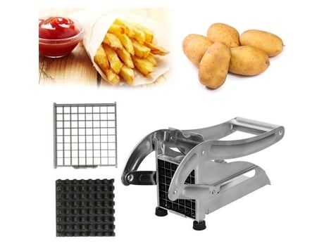 Máquina cortadora de batatas fritas mandolina em aço inox, corte de batata cenoura de cozinha, lâminas de fatiar com 2 grelhas 25 x 12 cm ERROLVES®