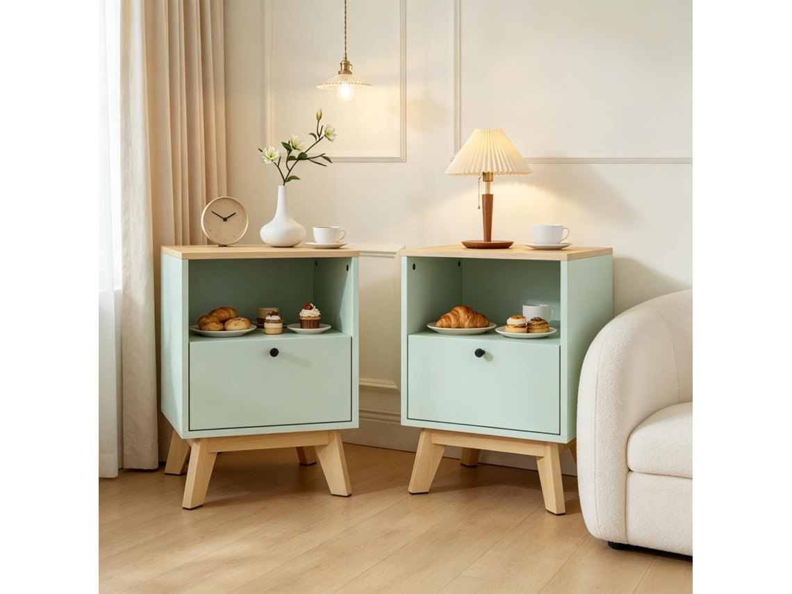 Conjunto De 2 Mesas De Cabeceira Com Gaveta E Compartimento Aberto, Design Funcional Para Quarto
