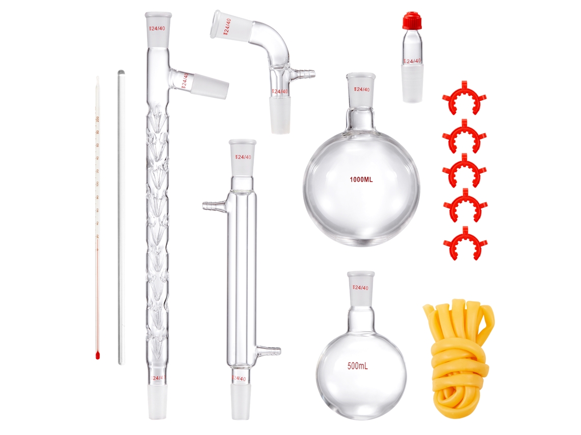 Kit de Destilação Laboratório, Vidro Laboratório 3,3 Boro com 24 e 40 Compostos, Conjunto Equipamentos Óleos Essenciais 1000 Ml, 14 Peças