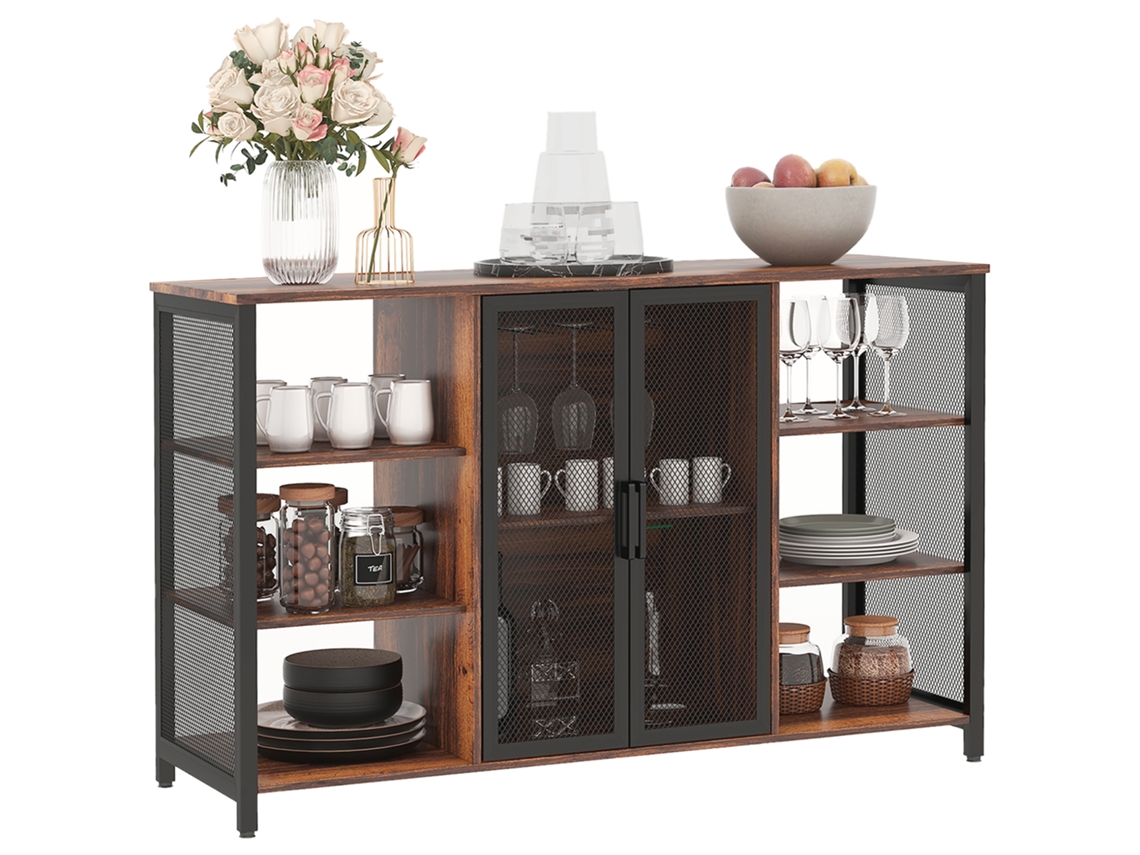 Aparador de Cozinha BTFORUS com 6 prateleiras abertas, porta copos e prateleira ajustável para bar e sala de jantar 120x40x76cm rústico