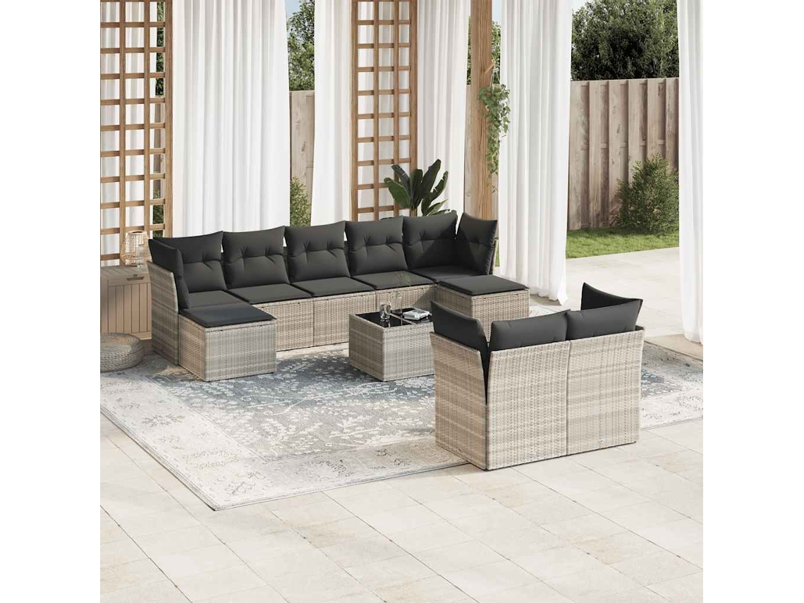Vidaxl 10 Pcs Conj. Sofás Jardim Com Almofadões Vime Pe Cinzento-claro