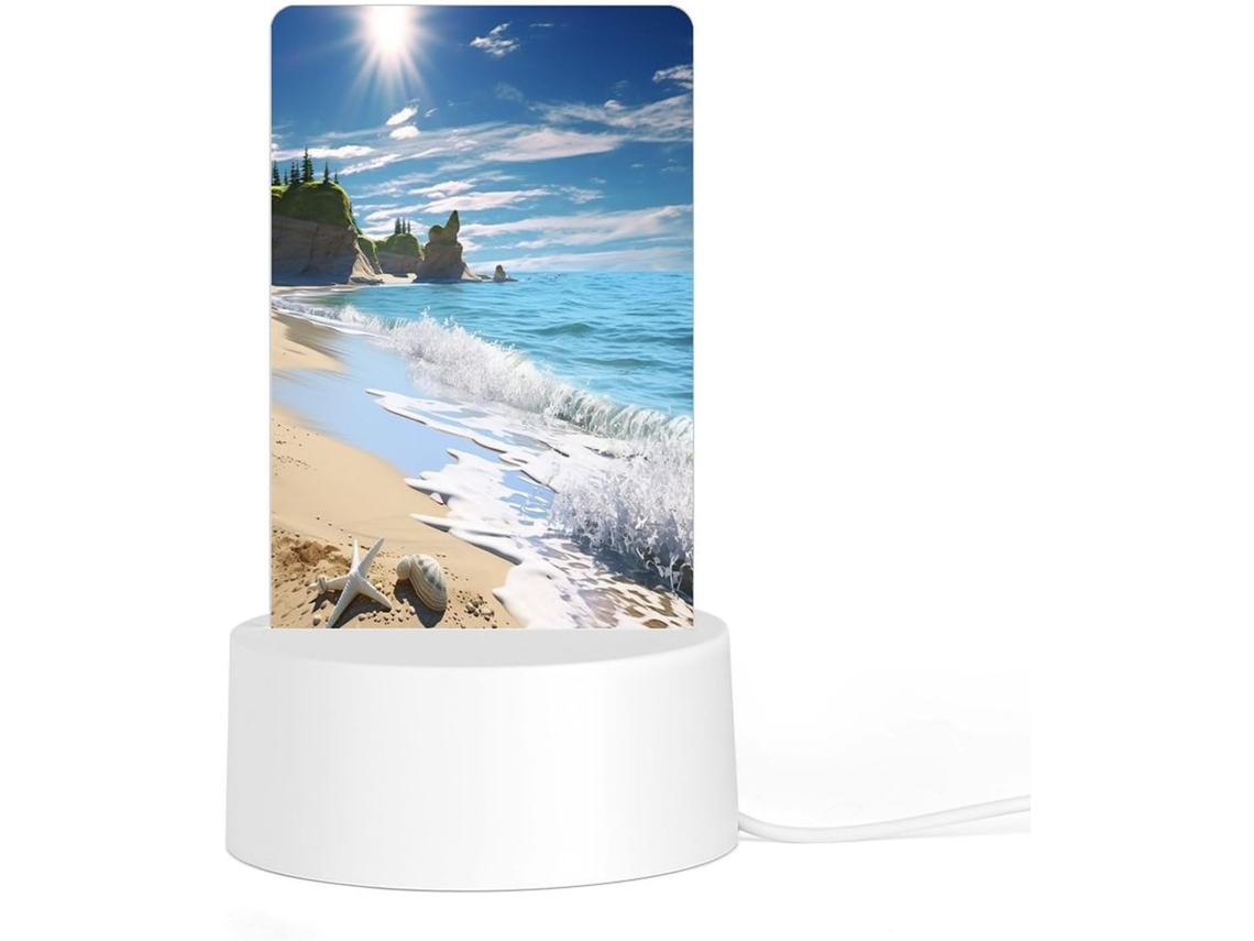 Luminária noturna de LED em acrílico com base e plugue de plástico reutilizáveis, com estampa de praia.
