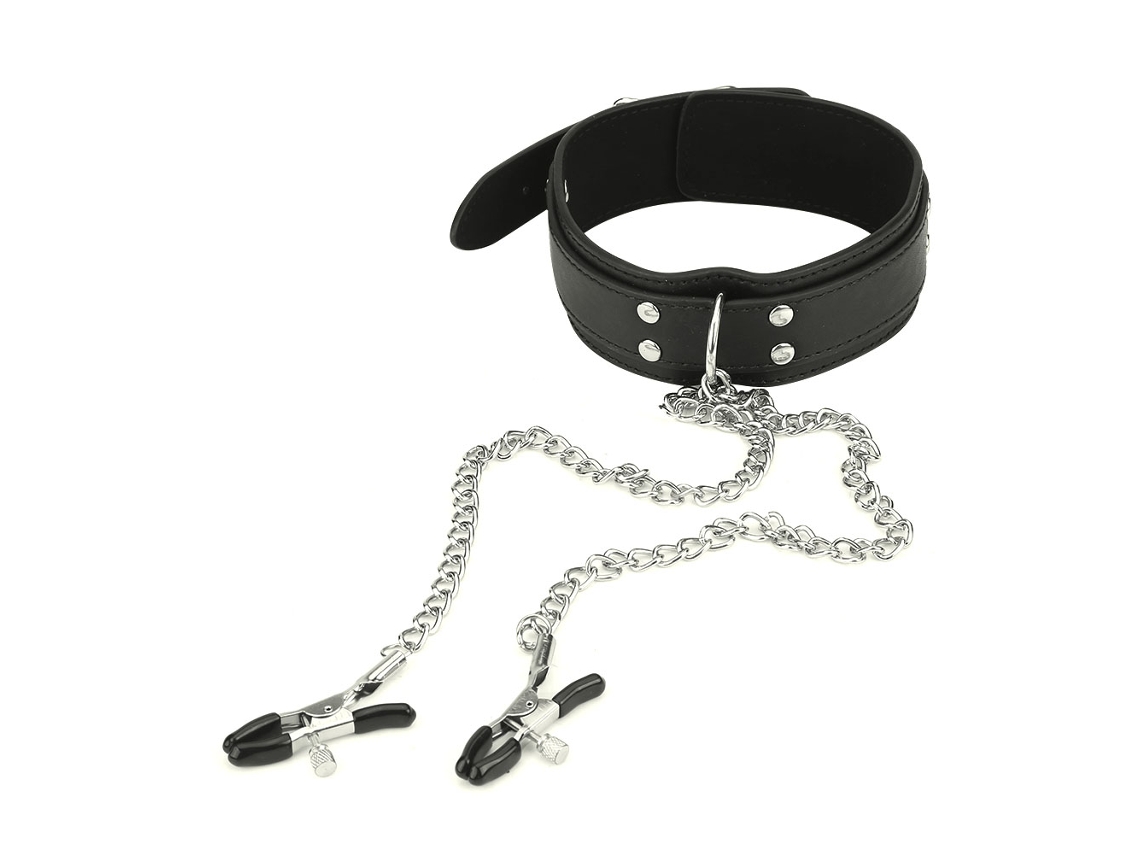 Collar De Restrição De Couro Pu Com Pinças De Mamilos Para Jogo Bdsm Ferramenta Sexual