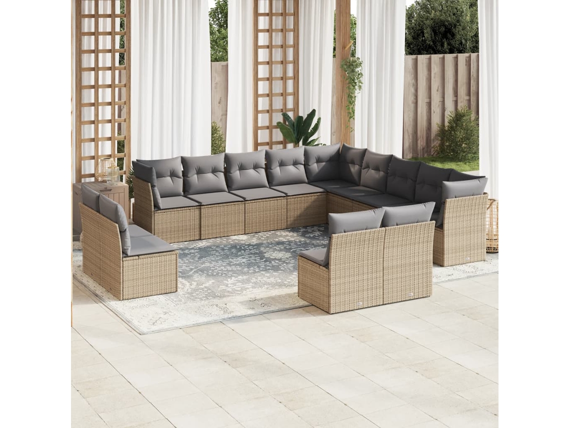 Vidaxl 13 Pcs Conjunto De Sofás P/ Jardim Com Almofadões Vime Pe Bege