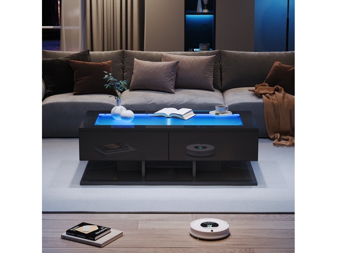 Mesa De Centro 100x50x35 Cm - Sofá Com Led, Com Gavetas E Vidro - Preto