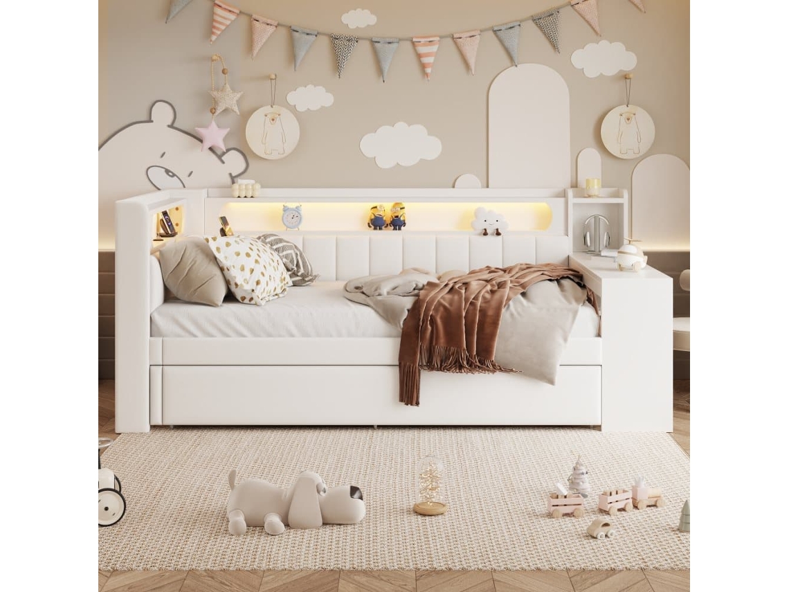 Cama De Dia 90x200 - Estofada Com Led E Usb, Com Cama Extra E Secretária - Branca