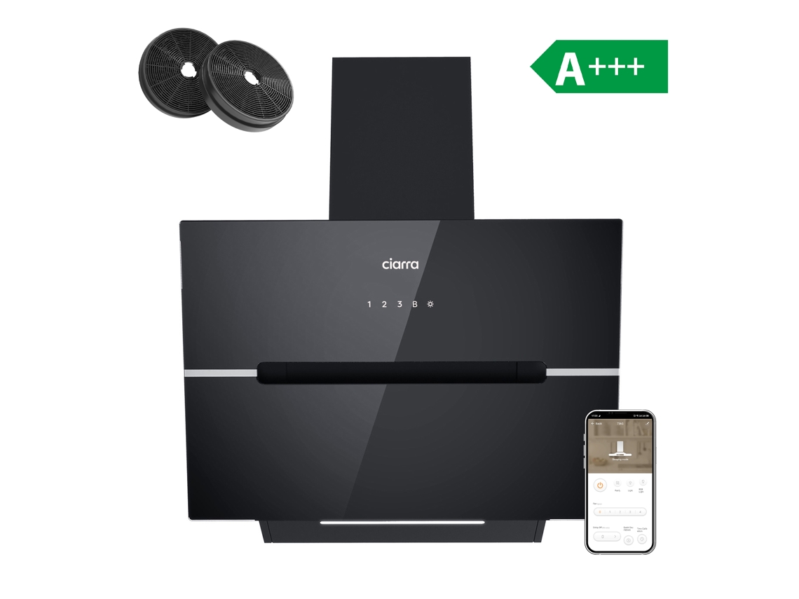 Exaustor Ciarra De Parede A+++ 60cm 650m³/h Boost Controle Táctil/app Recirculação Com Filtros De Carvão (2 Peças) 4 Modos Preto Cd6736fb