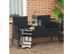 Sofá Para Área Externa De 2 Assentos Com Mesa Central, Em Aço E Rattan Sintético Pe, 137x59x82 Cm, Na Cor Preta
