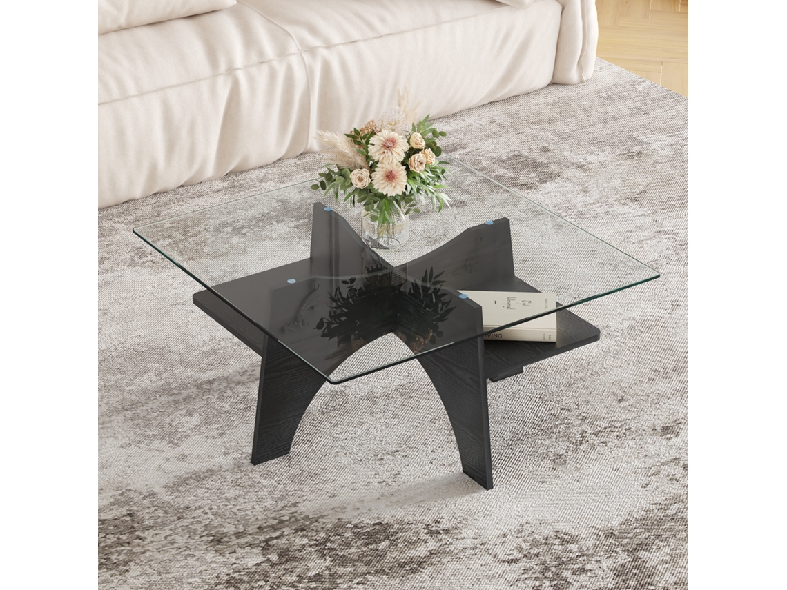 Mesa lateral quadrada em vidro temperado e MDF marrom MOBRIO (80 cm)