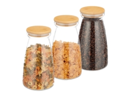 Conjunto Com 3 Potes De Vidro Com Tampas Herméticas De Bambu
