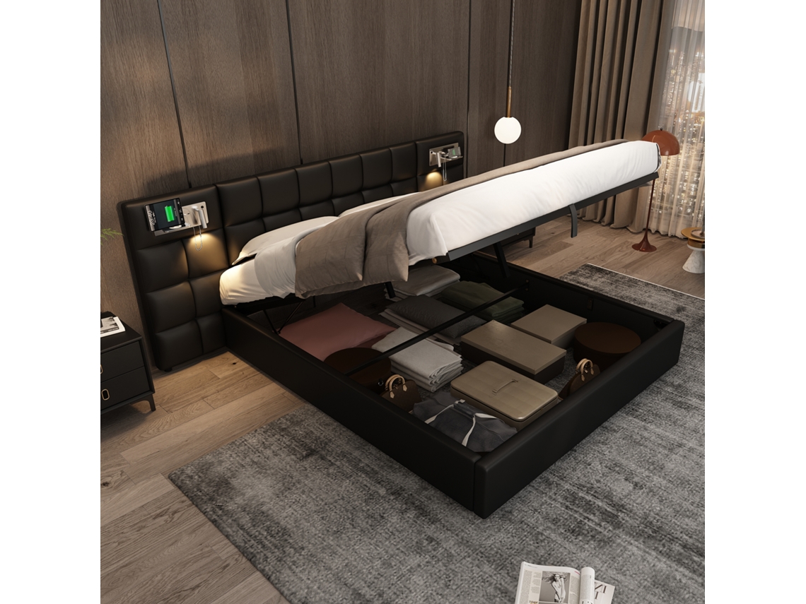 Cama Casal Preta 180x200cm Estofada, Pu, Hidráulica, Usb, Carregamento Sem Fio, Ripas. -op