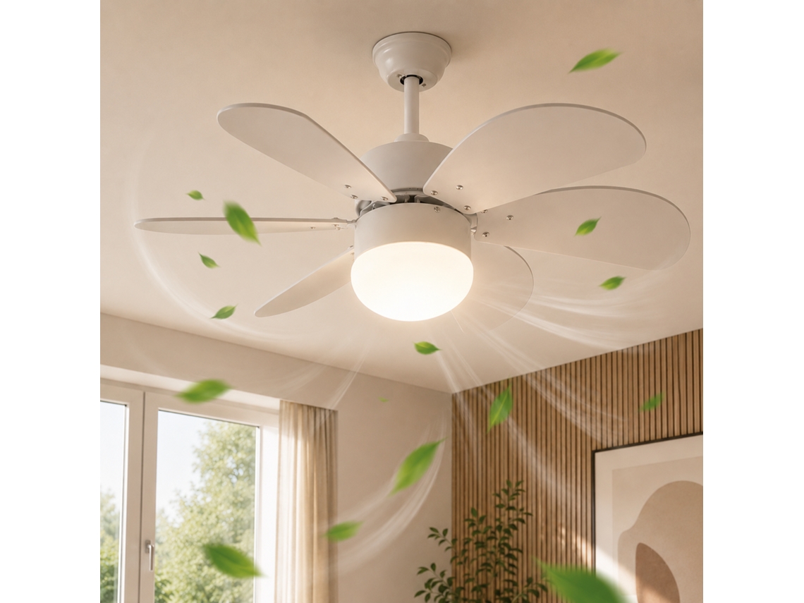 Nettlife Ventilador De Teto Branco Com Luz Led, Controlo Remoto Silencioso, Função Timer, 6 Pás Para Quarto