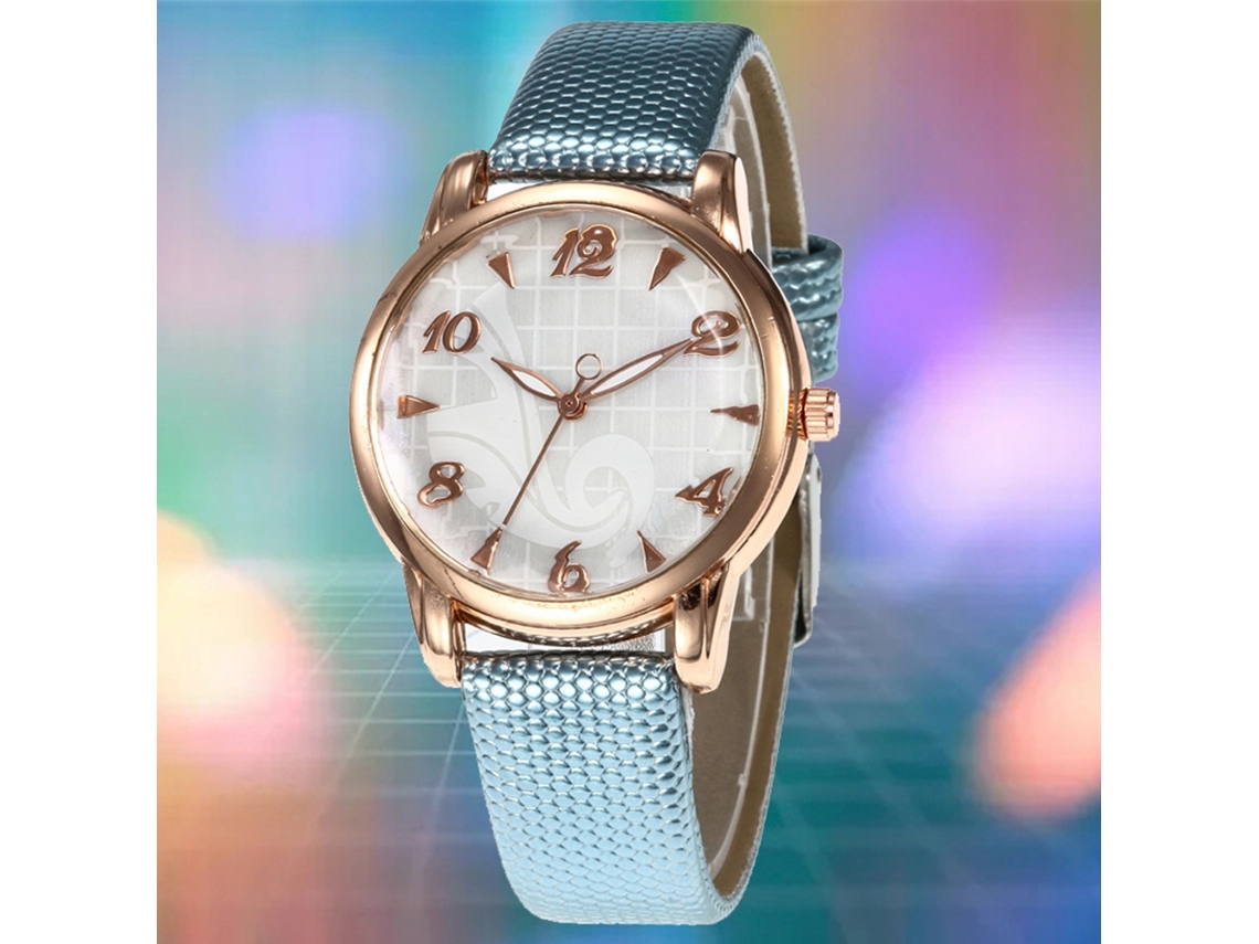 Relógio de pulso feminino com pulseira de PU, mostrador redondo casual, números dourados, azul claro.