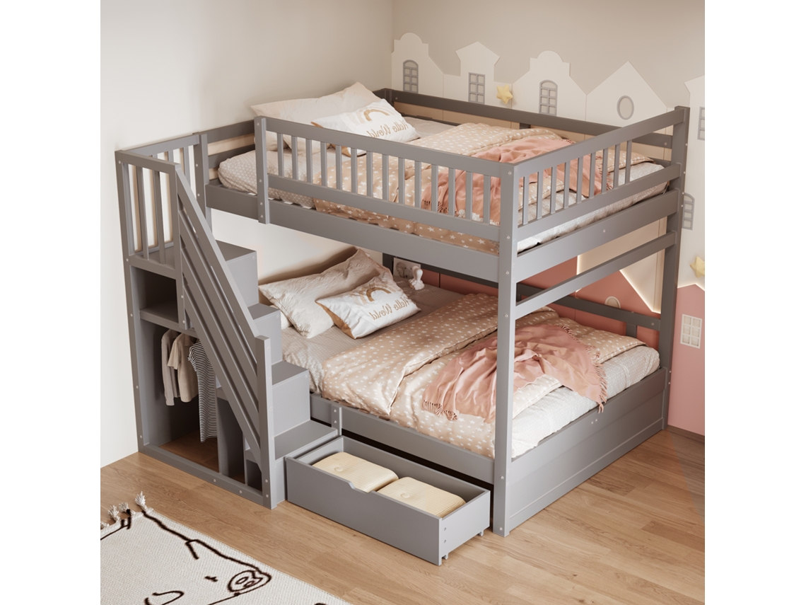 Cama 140x200cm Massivo Com Grade, Gavetas E Escada Cinza