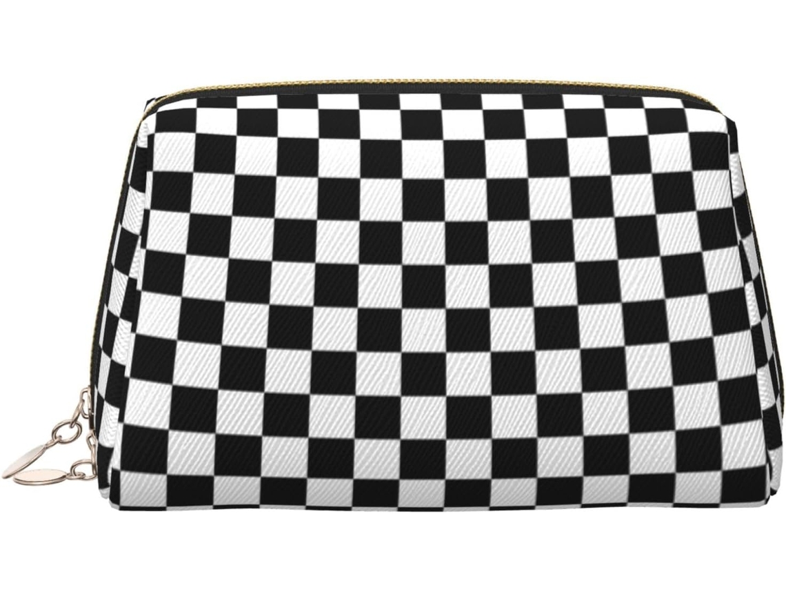 Necessaire de maquiagem com estampa xadrez preta e branca E/MARCA