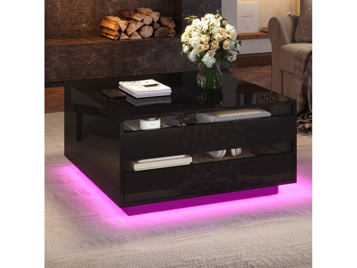 Mesa De Centro Elevável 707038 Cm - Com Led, 1 Gaveta, Arrumação Oculta, Preta