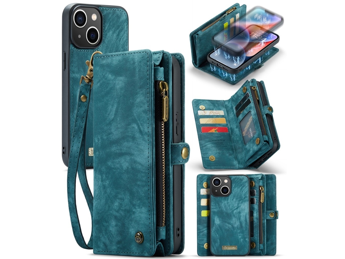 Capa Carteira Retrô Para Iphone 15 Plus, Azul