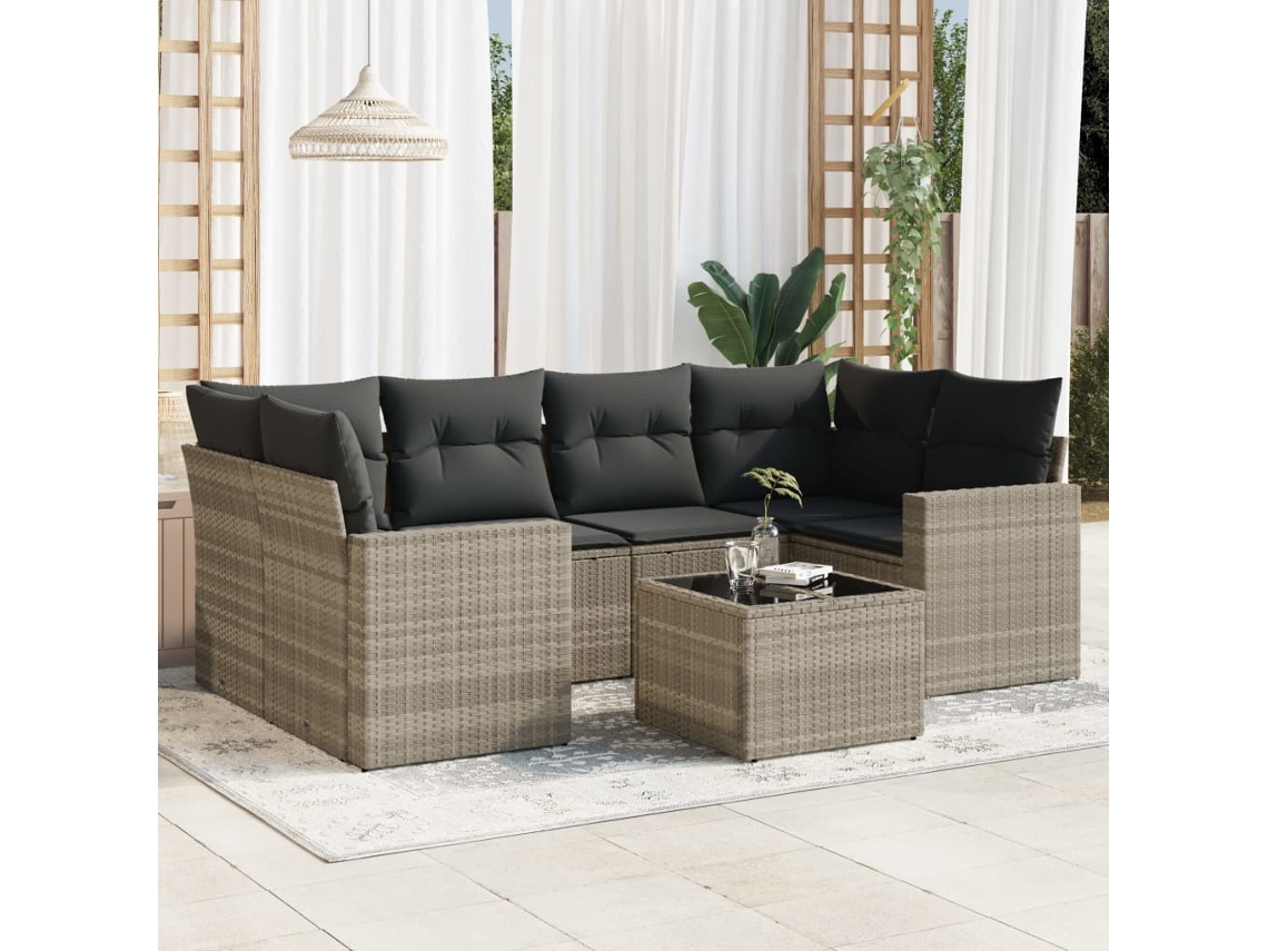 Vidaxl 7 Pcs Conj. Sofás Jardim Com Almofadões Vime Pe Cinzento-claro