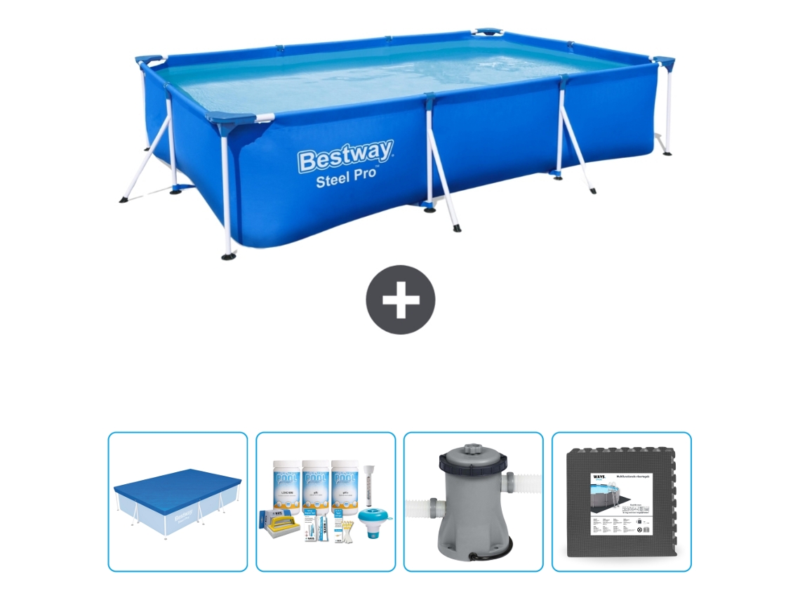 Piscina Retangular Steel Pro BESTWAY 300 X 201 X 66 Cm Azul Incluída Cobrir Pacote de Manutenção Bombear Ladrilhos