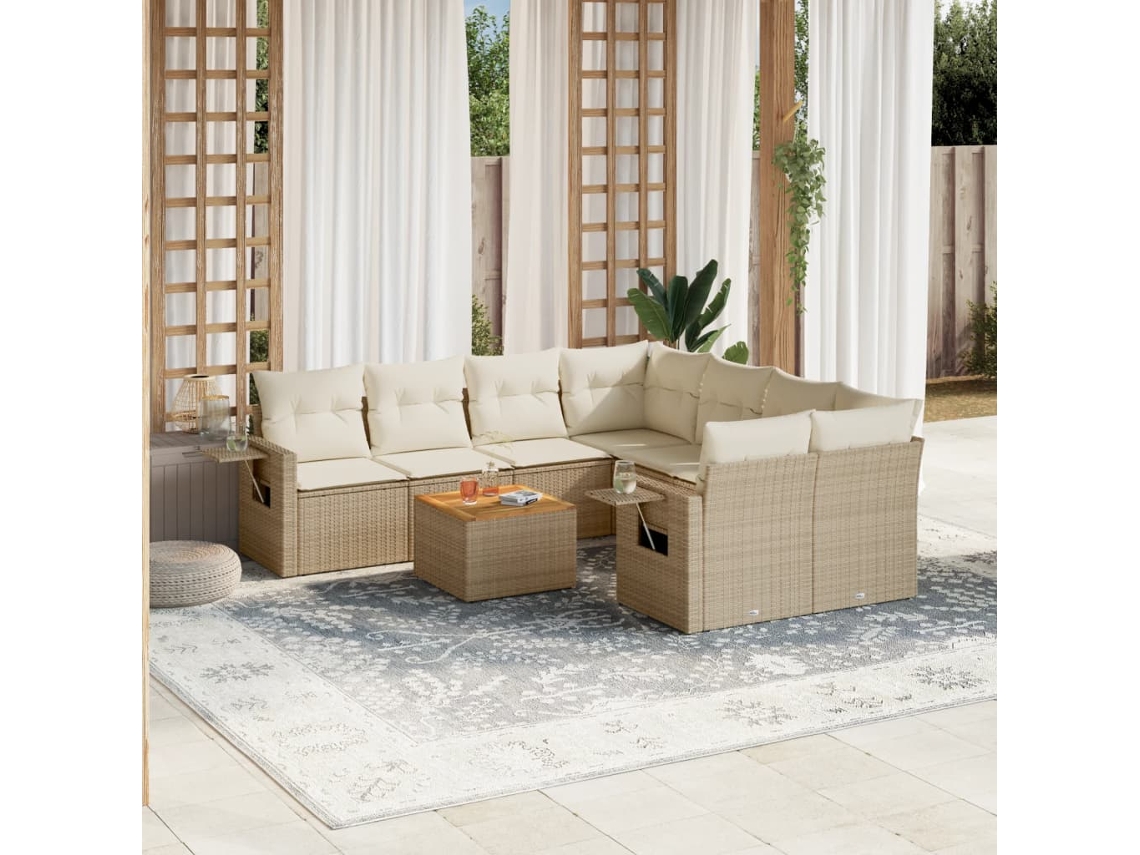 Vidaxl 9 Pcs Conjunto De Sofás P/ Jardim Com Almofadões Vime Pe Bege