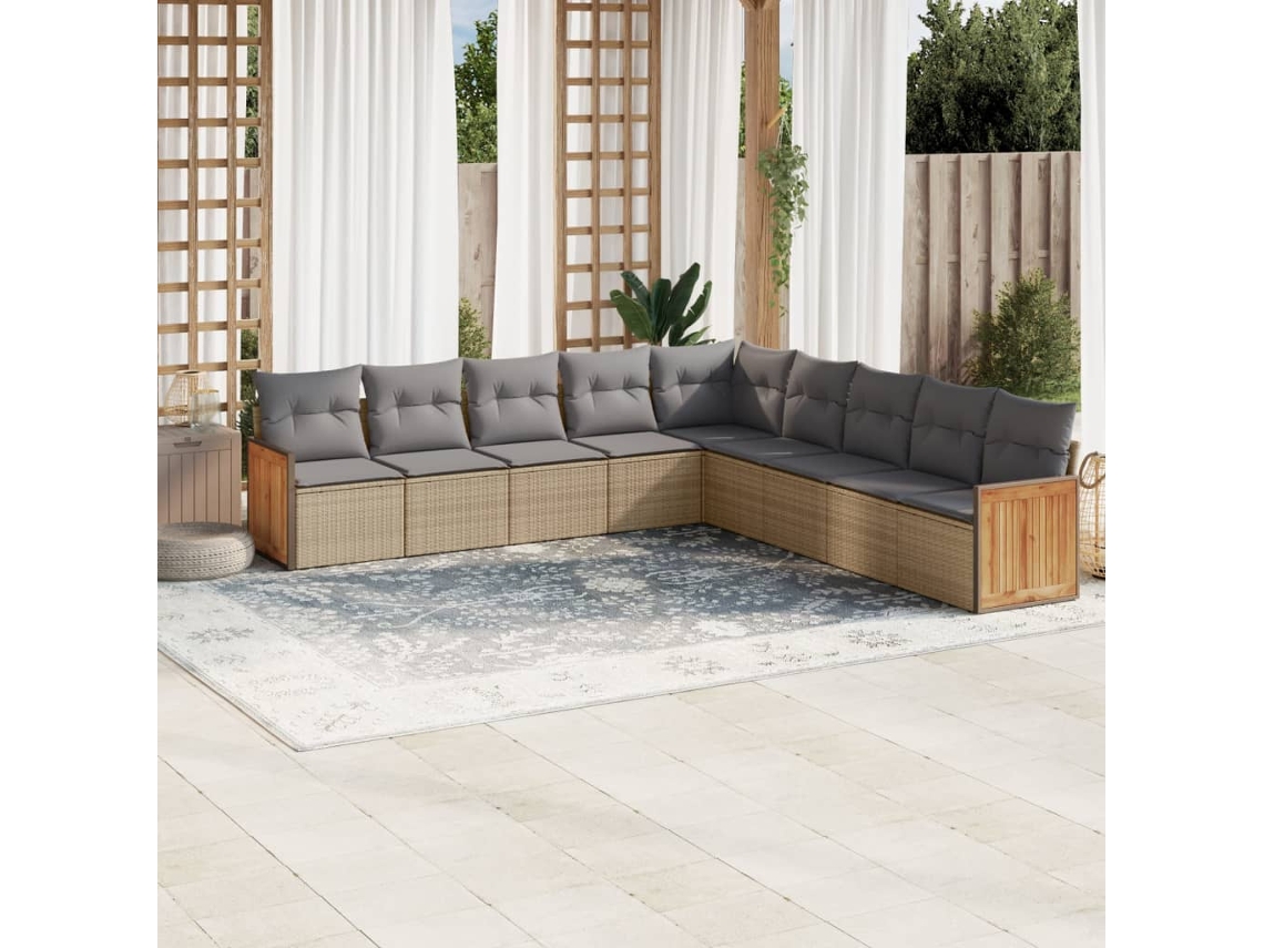 Vidaxl 9 Pcs Conjunto De Sofás P/ Jardim Com Almofadões Vime Pe Bege