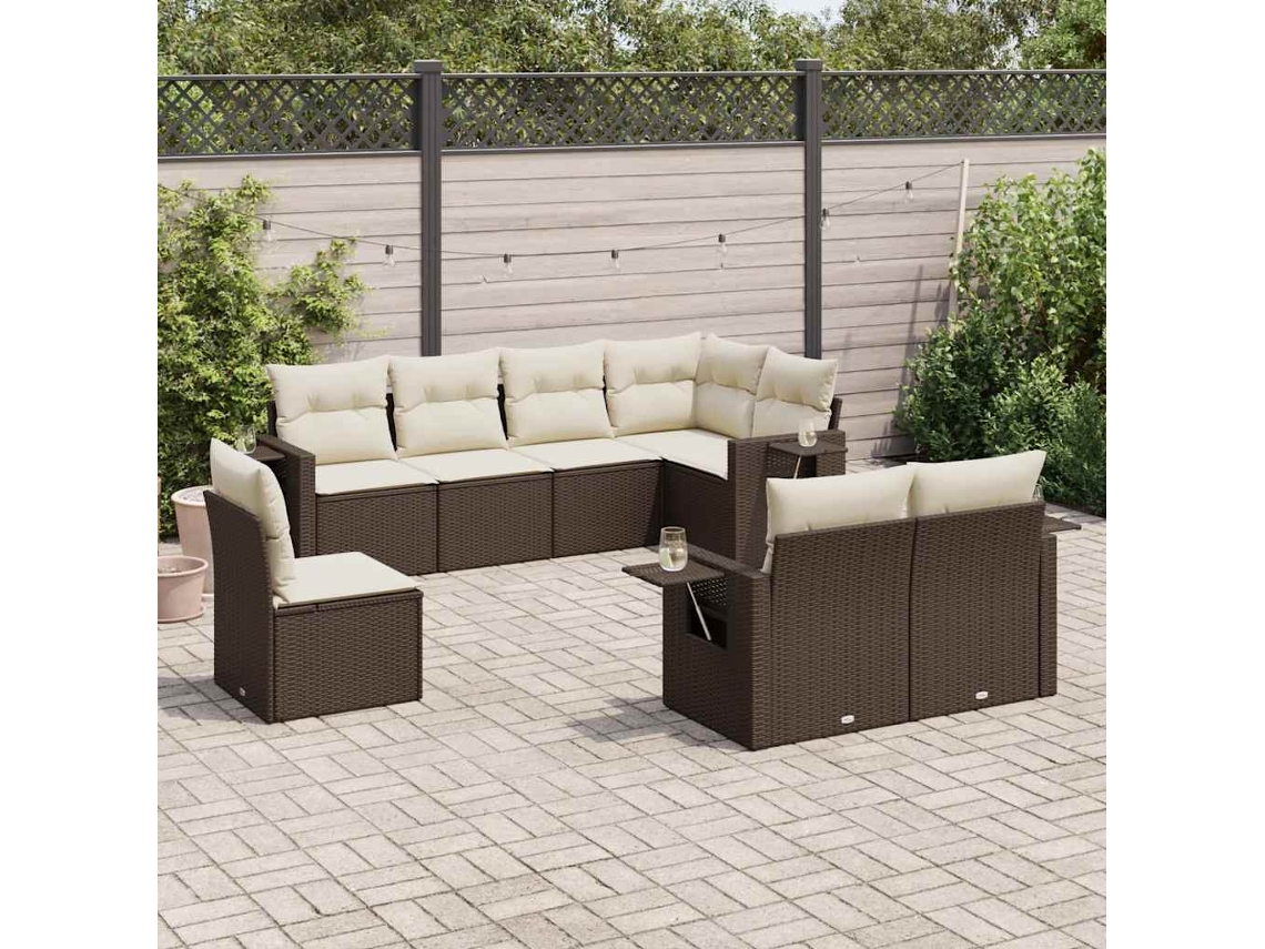Vidaxl 8 Pcs Conjunto Sofás De Jardim C/ Almofadões Vime Pe Castanho