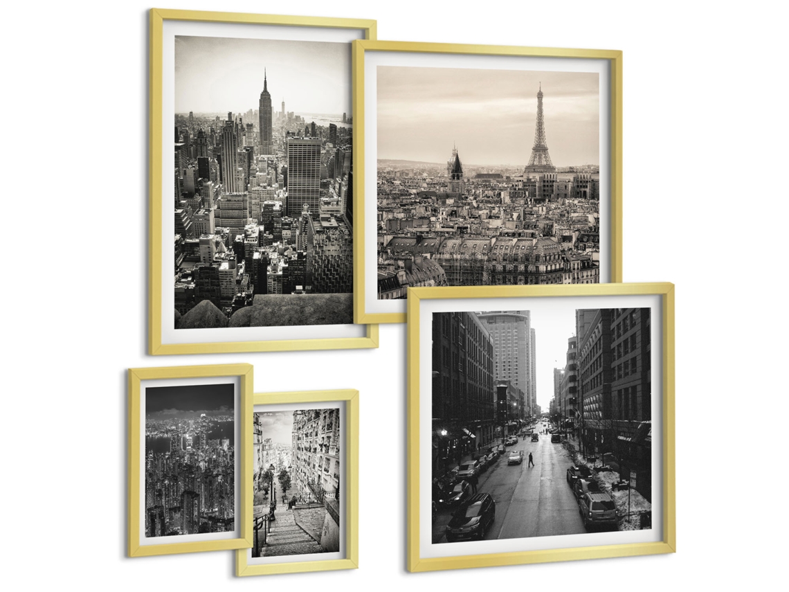 Quadros Decorativos Para Parede Cidade Litorânea, Limões E Flores Moldura Dourada Imagens Para Um Quarto Infantil Espelharte (conjunto De 5 Imagens)
