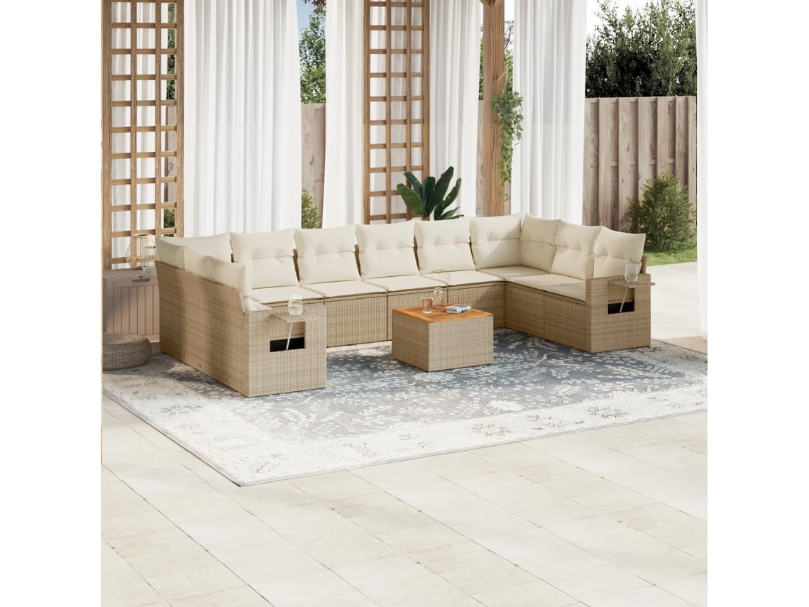 Vidaxl 11 Pcs Conjunto Sofás De Jardim C/ Almofadões Vime Pe Bege