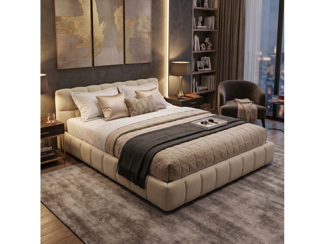 Cama de Casal Estofada em Linho com Cabeceira Ergonómica LAZYSPACE