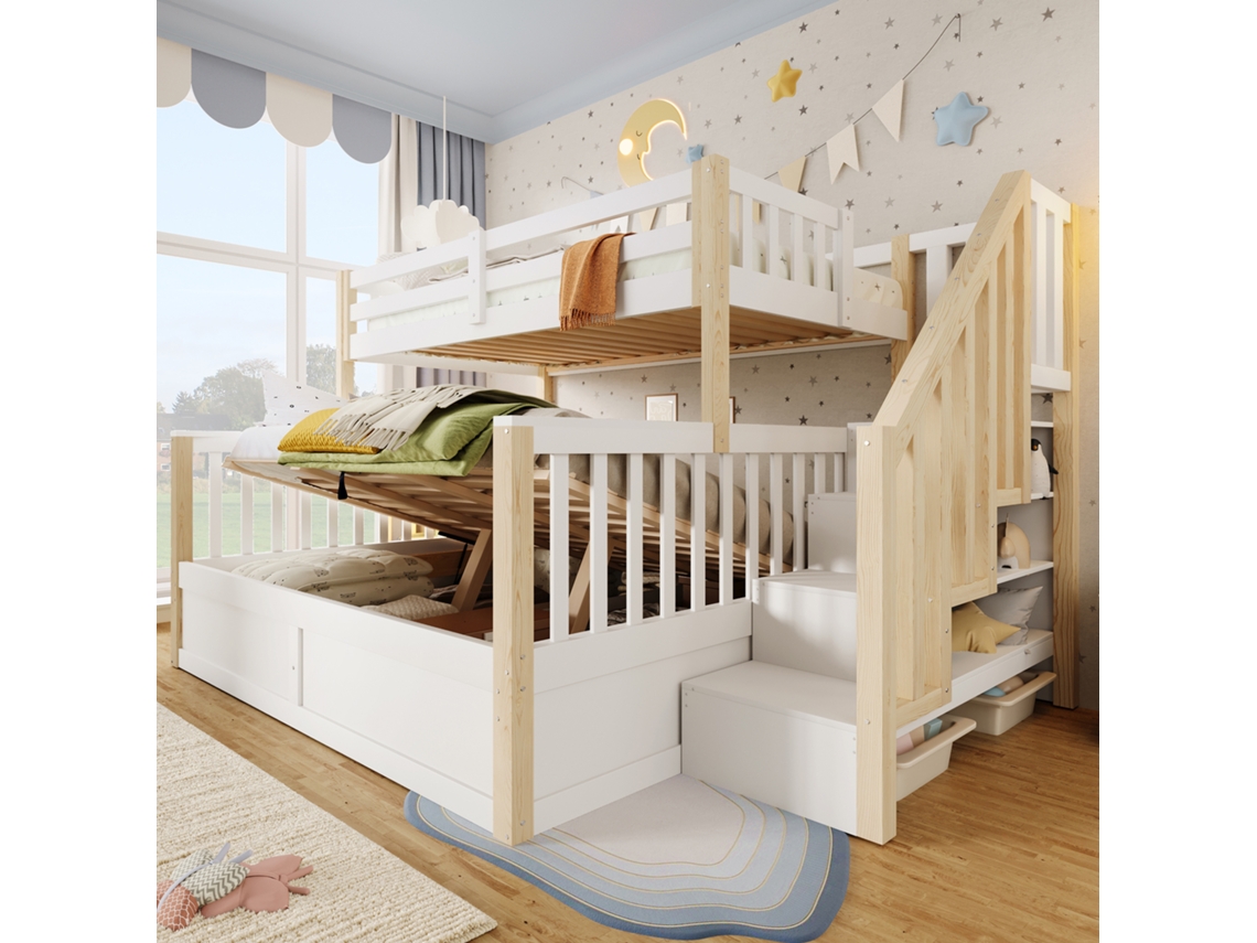 Cama De Andar Duplo 90+140cm Hidráulica Com Armazenamento Branco+natural