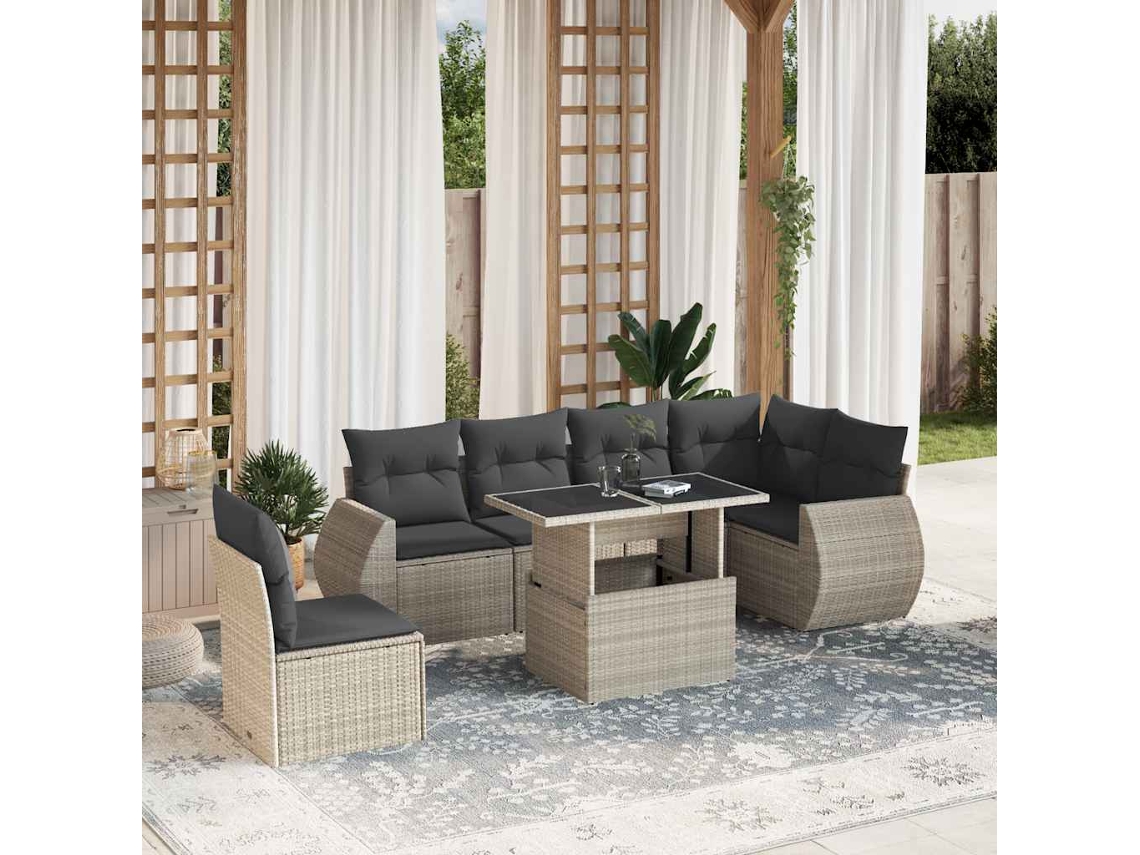Vidaxl 7 Pcs Conj. Sofás Jardim Com Almofadões Vime Pe Cinzento-claro