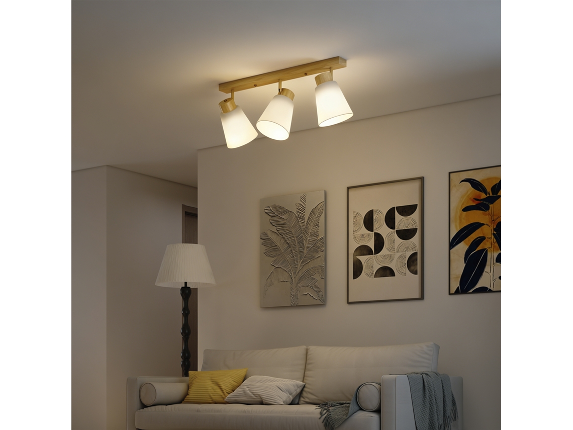 Luminária De Teto Com 3 Pontos De Luz Ajustáveis A 90° E Soquetes E27, Cor Madeira.