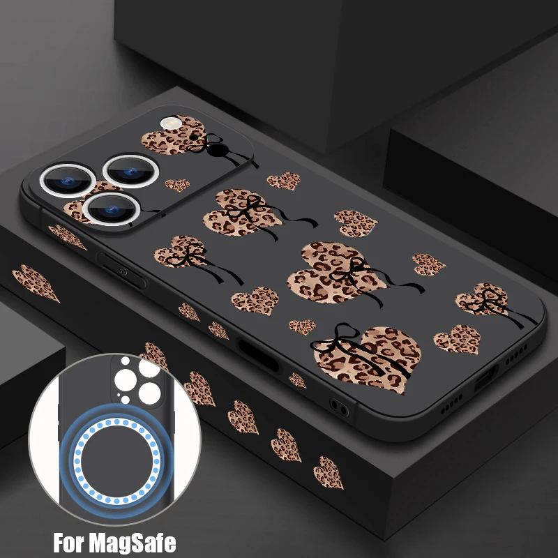 Capa Protetora Magnética Para Iphone 17 (preta), Estampa De Leopardo Com Laço De Coração Em Tpu.