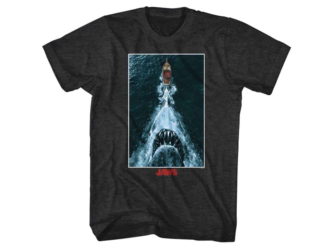 Rockinstone Jaws Shark Chasing Boat Poster Black Heather T-shirt Size:s